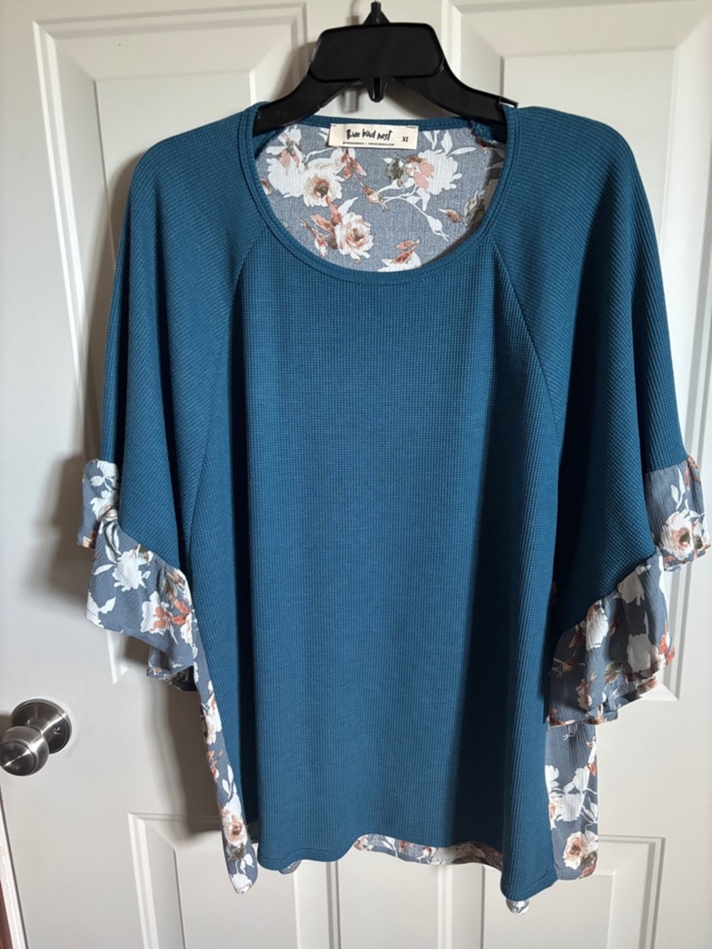 Three Bird Nest Teal Knit Tunic with Floral Ruffle Trim